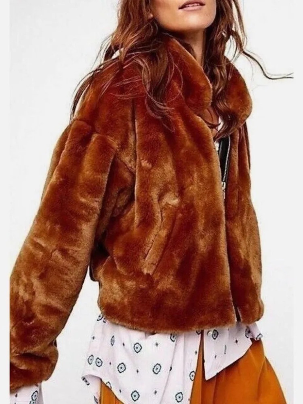Free People Furry Bomber Jacket Faux Fur Coat Terracotta Golden Brown M
